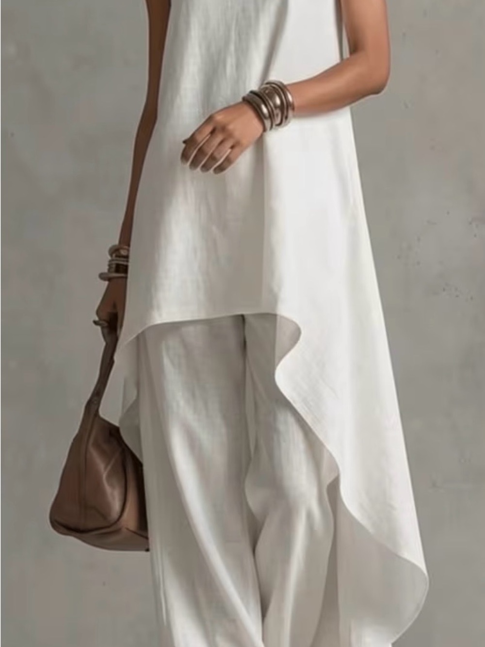 Women’s White High-Low Tunic & Wide-Leg Pants Set Sleeveless - Picture 3 of 9